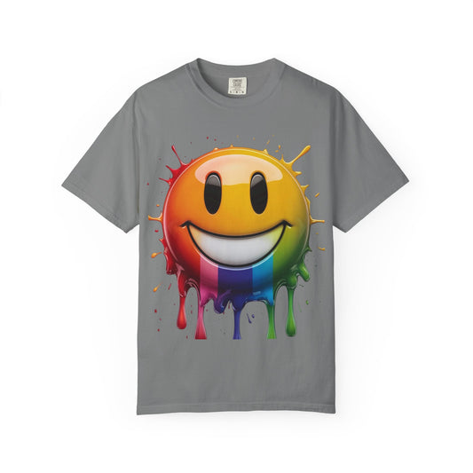 Colorful Smiley Face T-Shirt, Unisex Garment Dyed Tee, Fun Casual Wear, Bright Summer Outfit, Gift for Friends, Festival Apparel