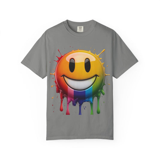 Colorful Smiley Face T-Shirt, Unisex Garment Dyed Tee, Fun Casual Wear, Bright Summer Outfit, Gift for Friends, Festival Apparel